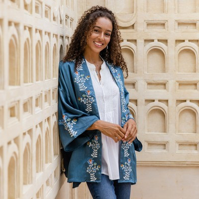 Floral Cotton-Embroidered Azure Viscose Kimono Jacket | NOVICA