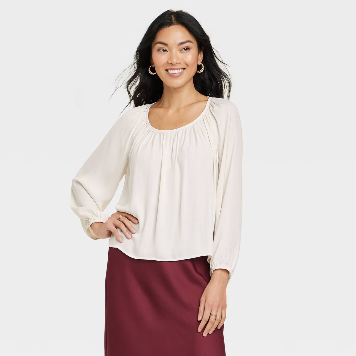 Women's Balloon Long Sleeve Femme Popover Shirt - A New Day™ Cream L | Target