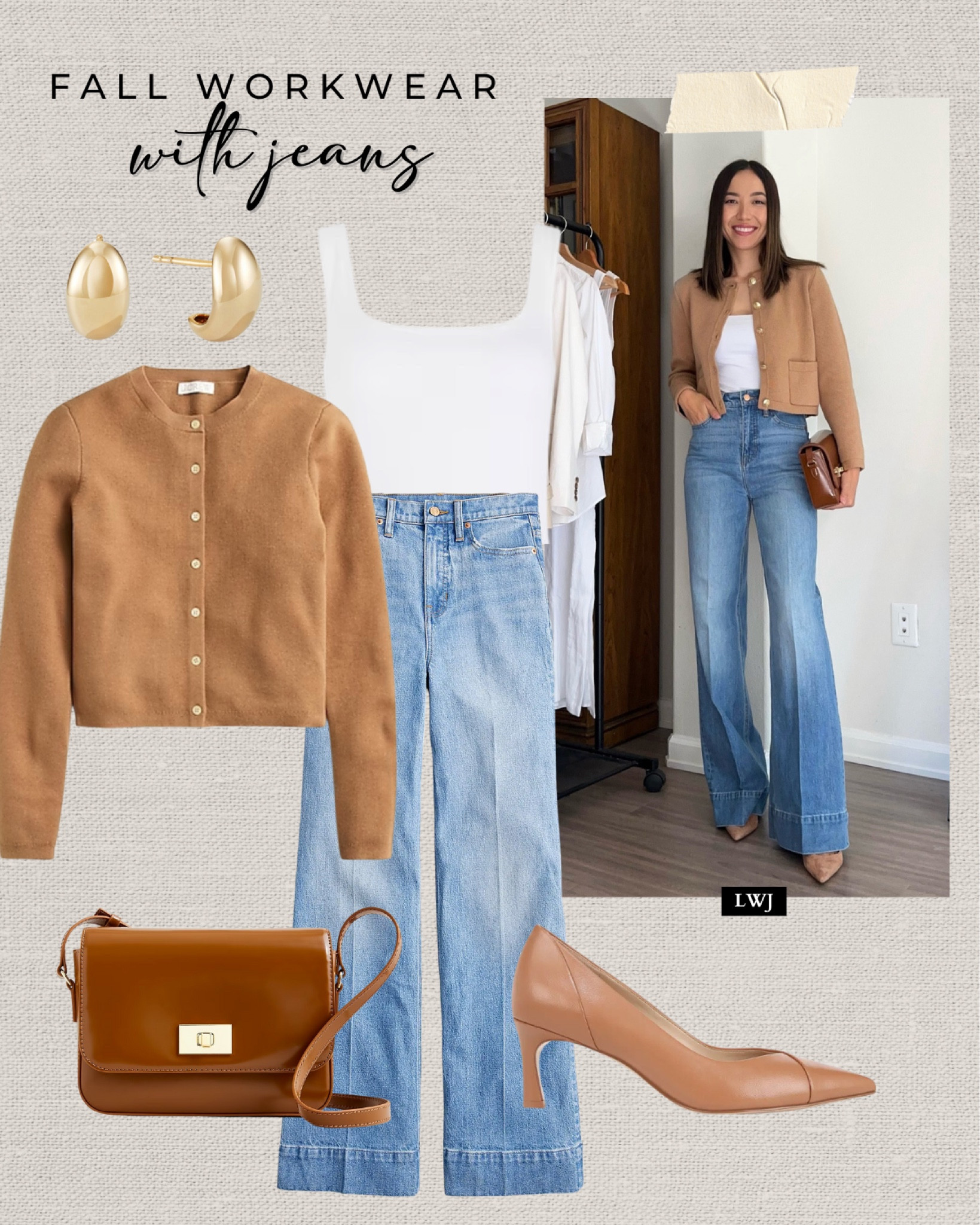 Fall workwear with wide leg jeans 

Smart casual / fall workwear outfit inspo / tan cardigan / white square neck top / jeans / tan heels / leather purse / classic style 

#LTKStyleTip #LTKWorkwear #LTKSaleAlert