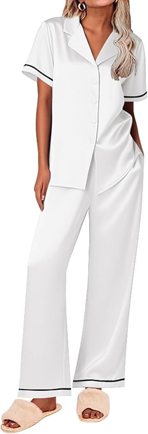 Ekouaer Women's Silk Pajamas Set Short Sleeve Satin Pjs 2 Piece Soft Loungewear with Pants Button... | Amazon (US)