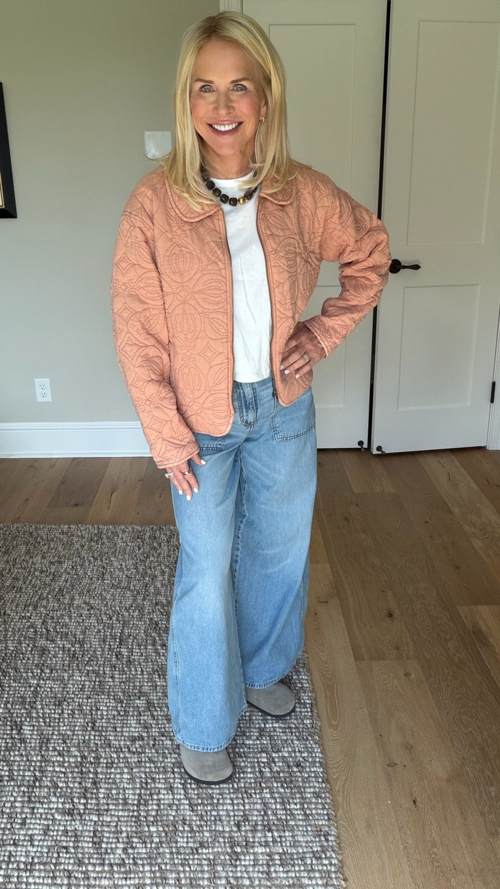 Pairing my favorite palazzo jeans with an oversized boxy shirt and this adorable quilted jacket. Perfect for fall layering!

#LTKOver40 #LTKootd #LTKgrwm