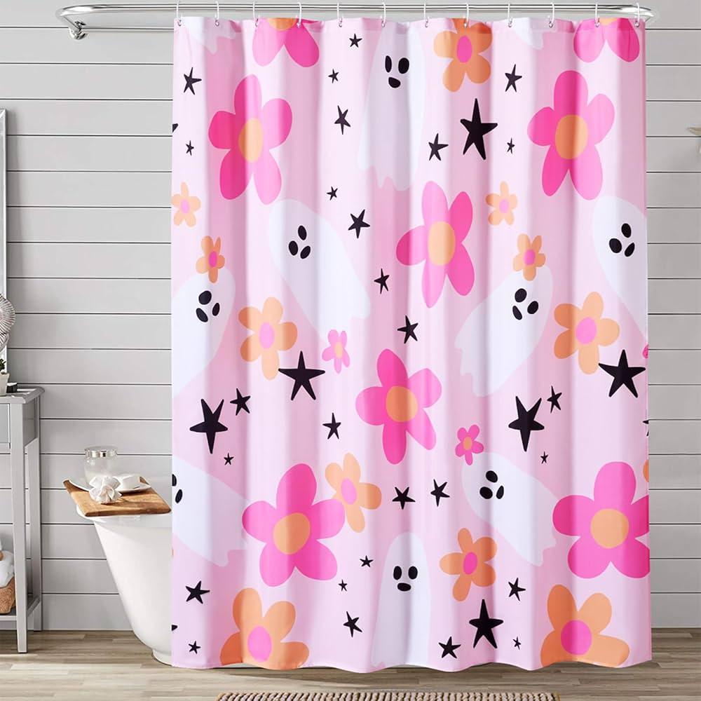 Cute Pink Halloween Shower Curtain for Bathroom Aesthetic Halloween Decorations, Funky Groovy Flo... | Amazon (US)