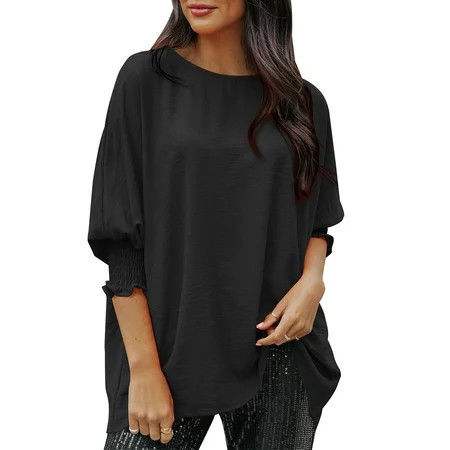 Dokotoo Women s 3/4 Smocked Puff Sleeve Blouses Casual Loose Crew Neck Tunic Tops Solid Color Summer Shirts S-XXL | Walmart (US)