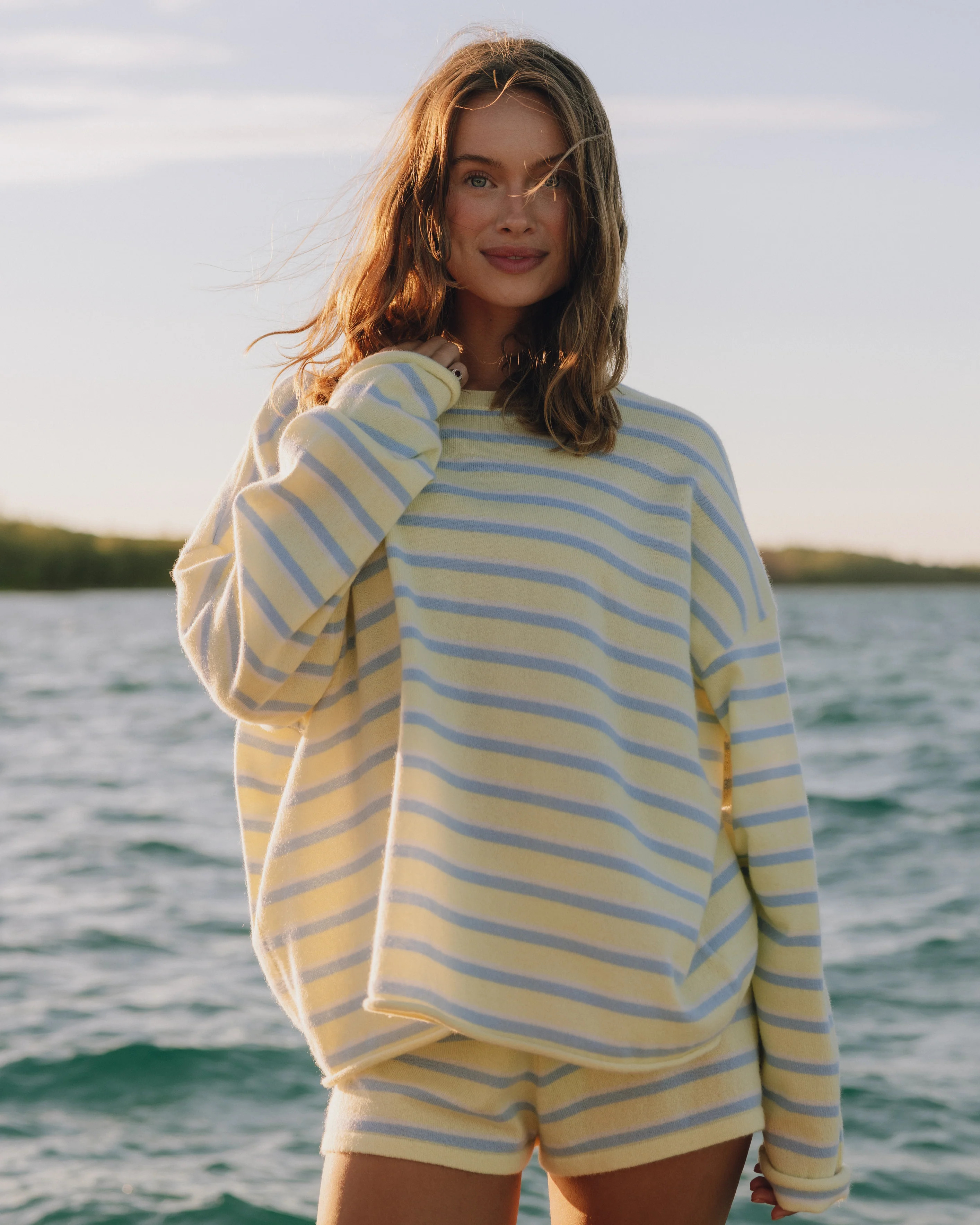 Oversized Cashmere Sweater - Butter + Light Blue Stripe | Daily Drills LLC