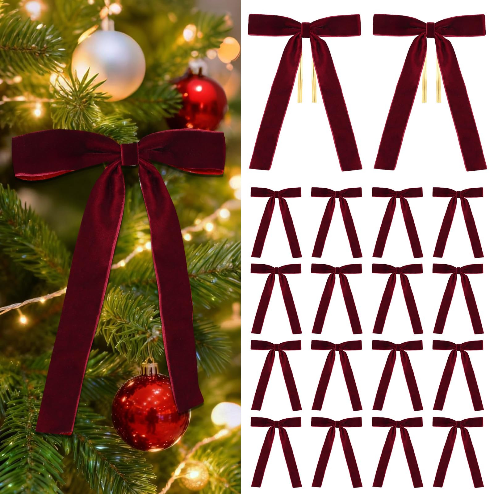 18 Pcs Burgundy Velvet Bows for Christmas Tree – Burgundy Velvet Christmas Tree Bows, Holiday D... | Amazon (US)