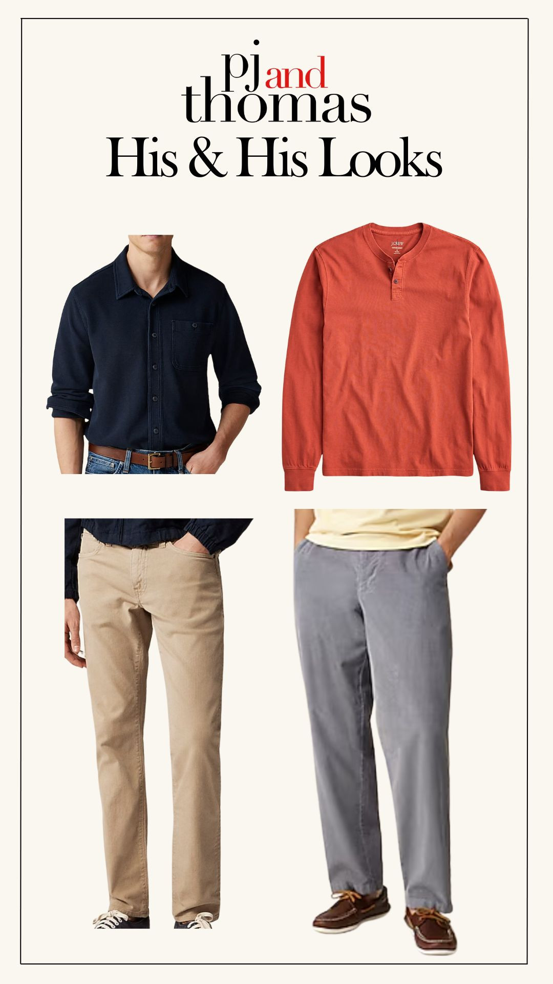 👬 His & His: effortless fall layering starts here. Whether it’s date night or just coffee on the porch, these looks bring timeless comfort and style.
👖 Classic chinos + soft henleys & button-ups
🧡 Warm tones meet everyday neutrals
#LTKHim #HisAndHisStyle #CoupleStyle #pjandthomas 

 #LTKStyleTip #LTKFamily #LTKMens