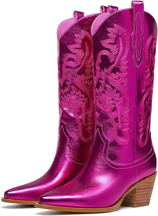 GOSERCE Cowboy Boots for Women - Metallic Mid Calf Cowgirl Boots with Embroidery Sparkly Western ... | Amazon (US)