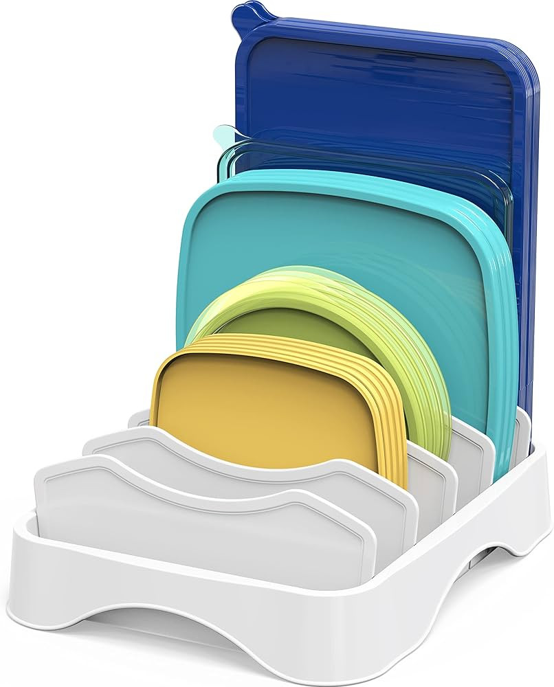 Simple Houseware Food Container Lid Organizer, Adjustable Dividers Lids Storage, 10''x8'', White | Amazon (US)