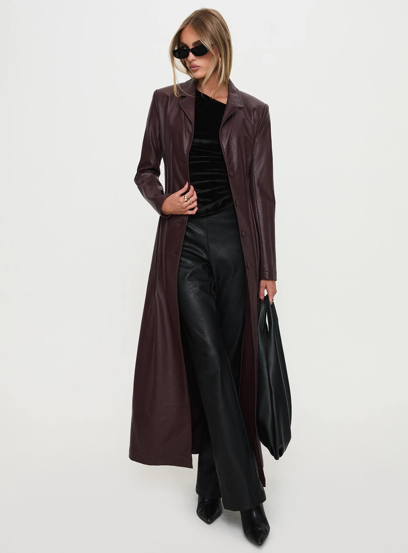 Speak Easy Long Line Faux Leather Coat Burgundy | Princess Polly US