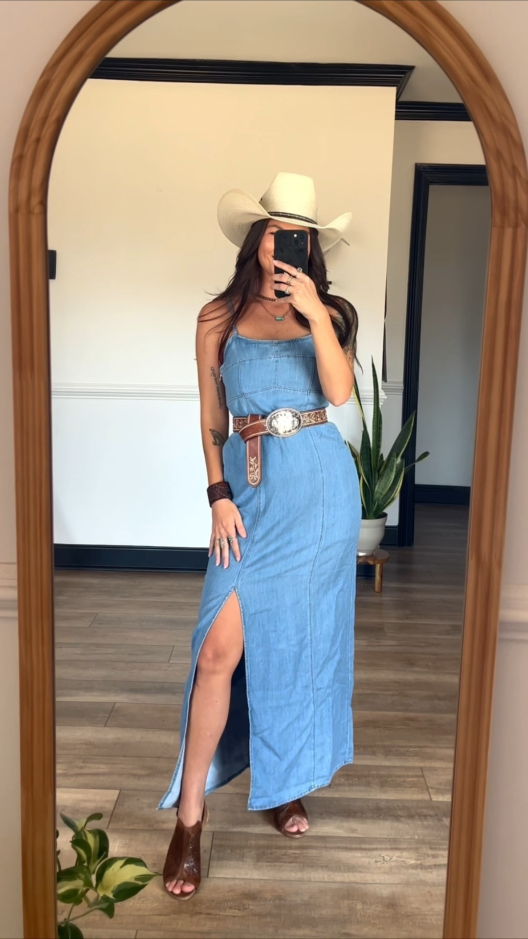 Soft denim dress with side slit paired with brown western heels and belt! Wearing small in dress; no stretch!

#LTKootd #LTKgrwm #LTKSeasonal
