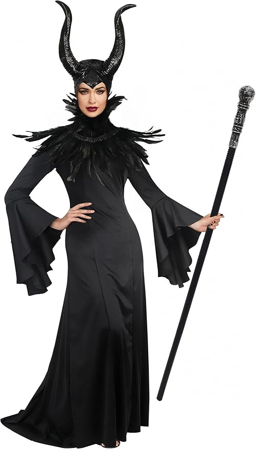 UQJE Women's Deluxe Adult Black Gown Costume Feather Cape Shawl with Horns | Amazon (US)