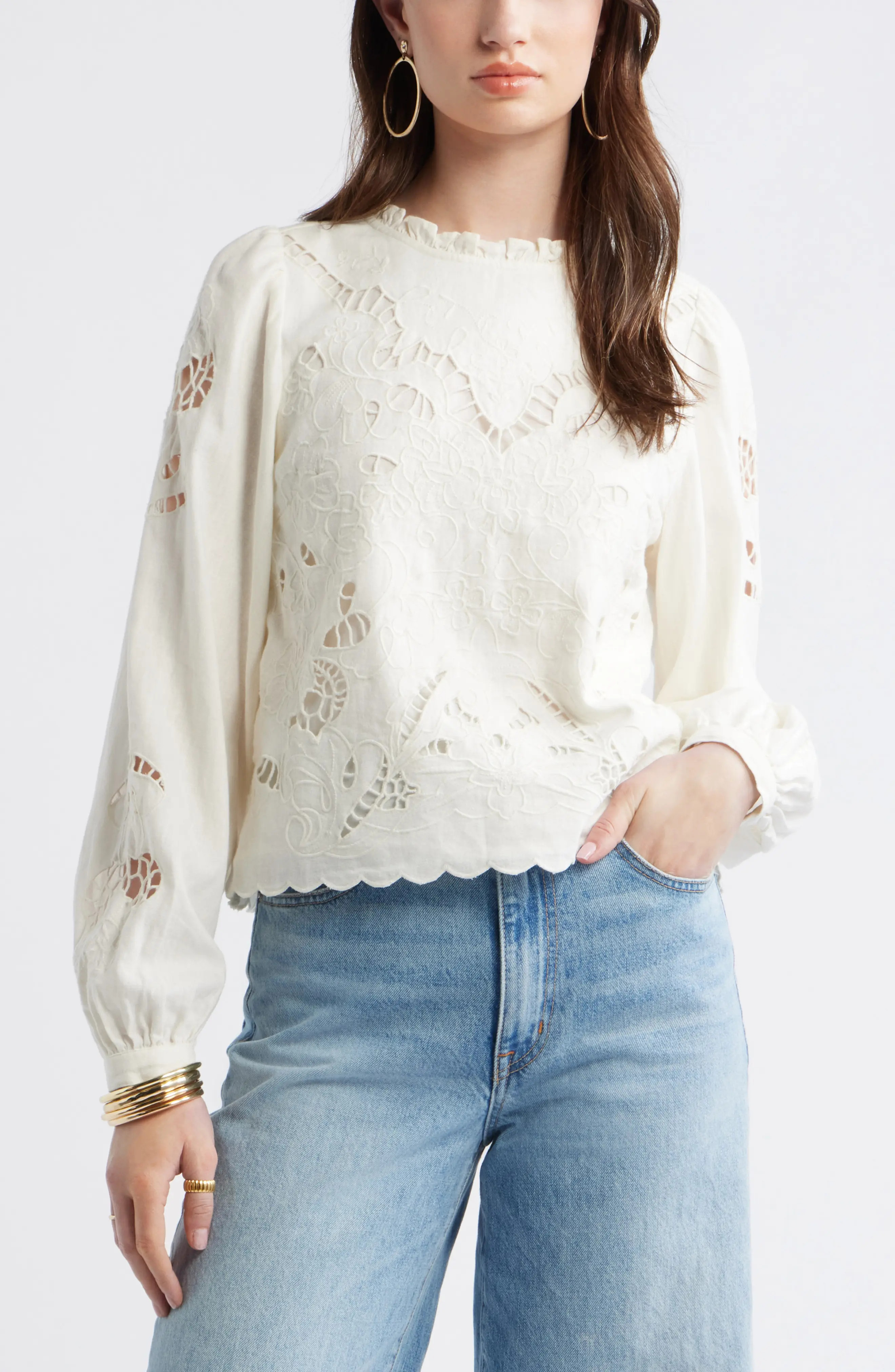 Open Floral Cutwork Linen Blend Top (Women) | Nordstrom | Nordstrom