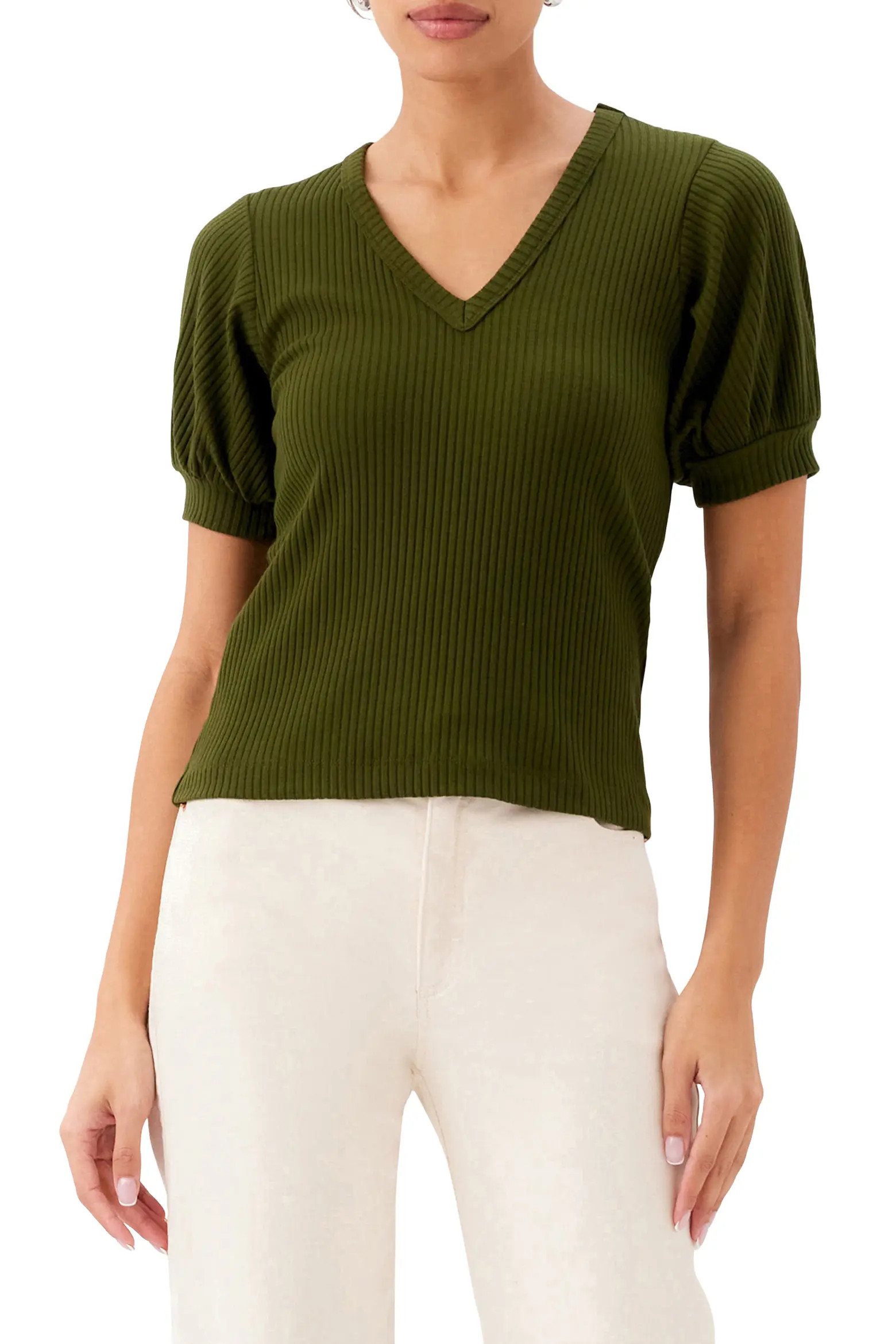 Puff Sleeve Rib V-Neck Top (Women) | Nordstrom | Nordstrom