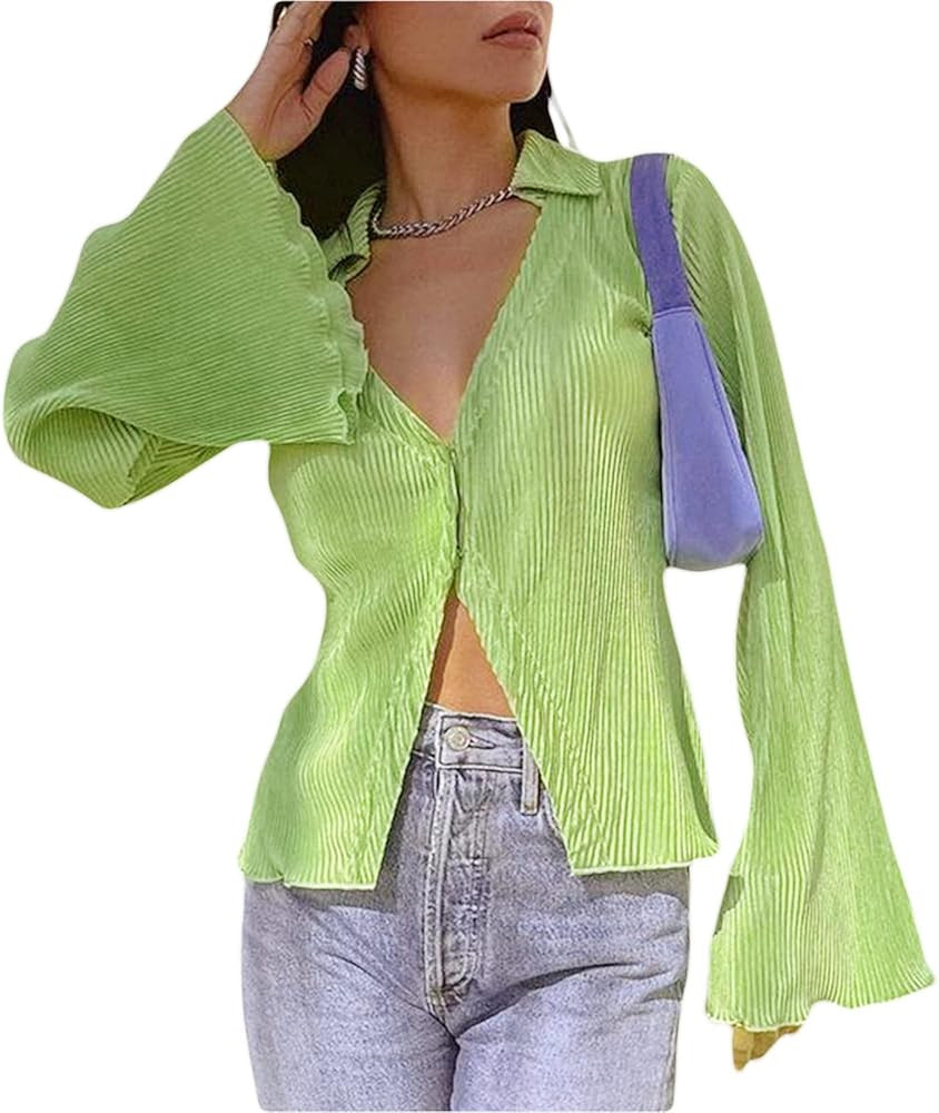 Women Floral/Zebra Print Lapel Shirt Top V Neck Button Down Long Sleeve Blouse Fashion E-Girl Str... | Amazon (US)