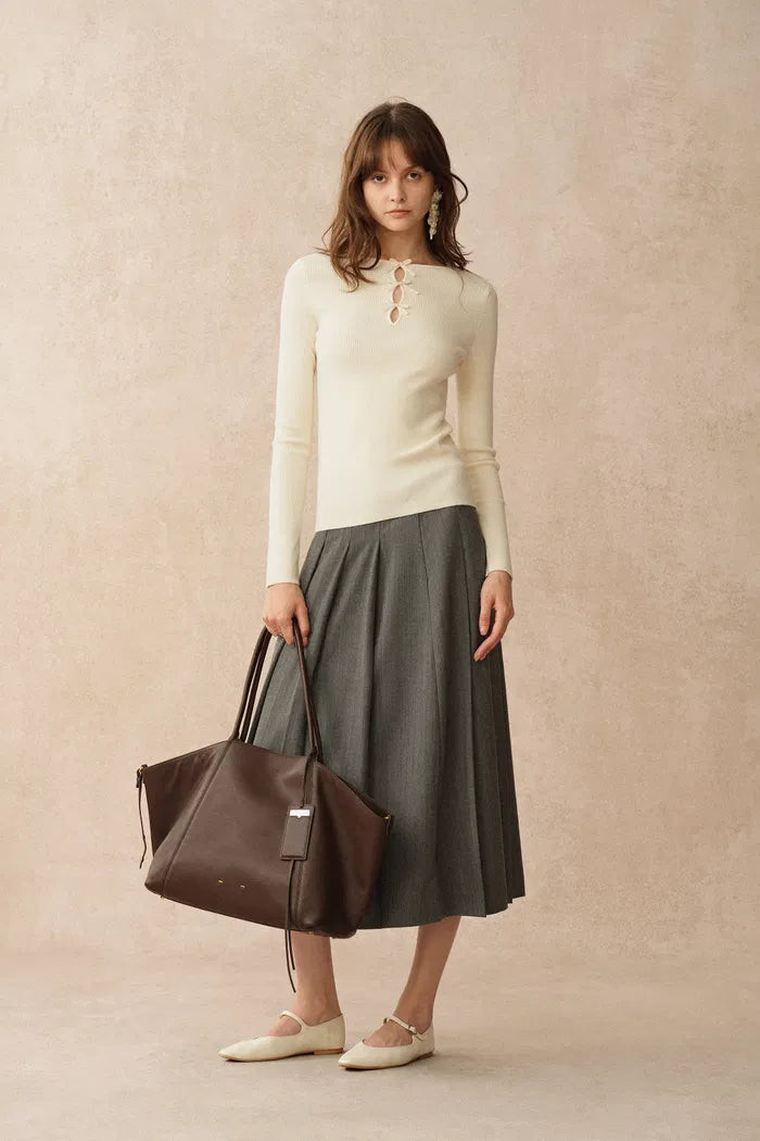 Eden White Bow Tie Cutwork Wool Long Sleeve Top in Merino Wool Knit | Fabrique