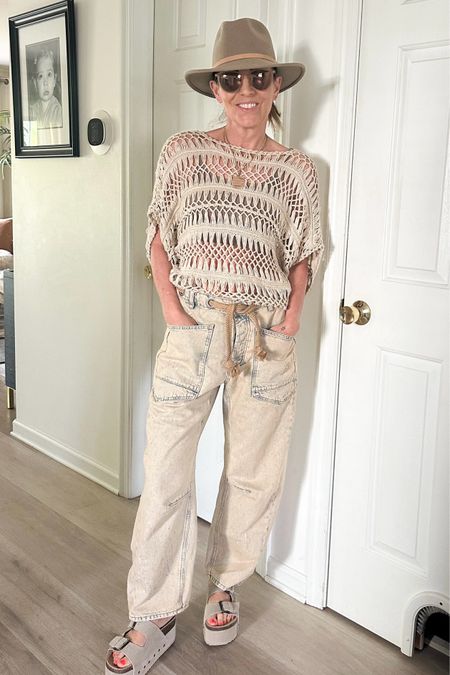 Paired my old crochet top with barrel jeans, brim hat, and plat form sandals. Exact knit top isn’t available anymore but I linked some others that I like 

#LTKover40 #LTKstyletip #LTKshoecrush