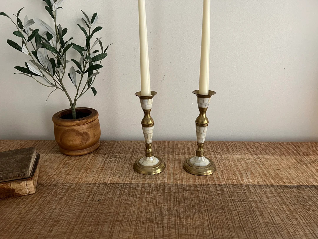 Vintage Brass Mother of Pearl Candlesticks set of 2 | Etsy (US)