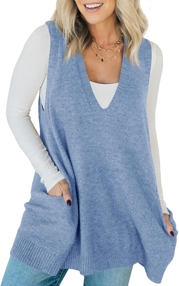 Saodimallsu Womens Sleeveless Sweater Vest V Neck Loose Knit Casual A Line Flattering Tunic Top w... | Amazon (US)