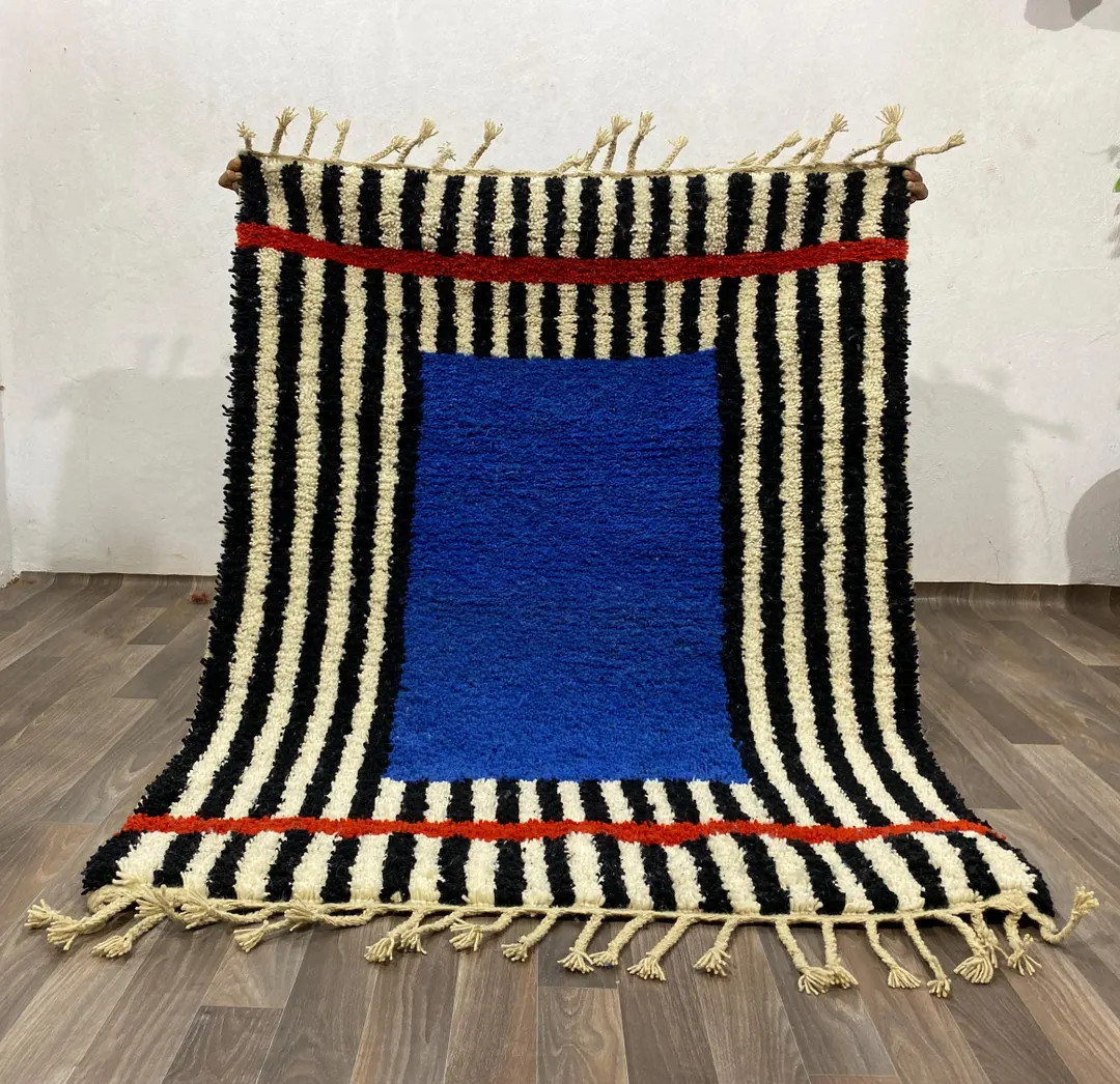 Handmade Azilal Rug: White and Blue Stripes (wool, 4x6 Ft) - Etsy UK | Etsy (US)