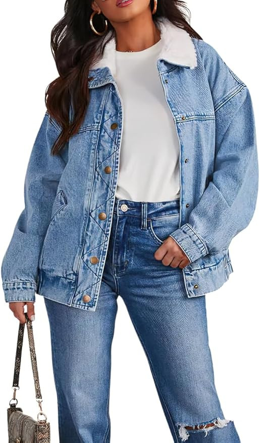 chouyatou Women's Warm Sherpa Collar Denim Jacket Faux Fur Collar Denim Coat Trucker Jacket | Amazon (US)