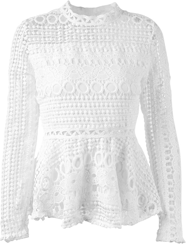 SUNJIN ACRO Women's Elegant Lace Tops Hollow Out Long Sleeve Peplum Hem Shirt Blouse (White,Mediu... | Amazon (US)