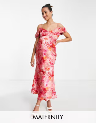 Hope & Ivy Maternity cold shoulder satin midi dress in red and pink floral | ASOS (Global)