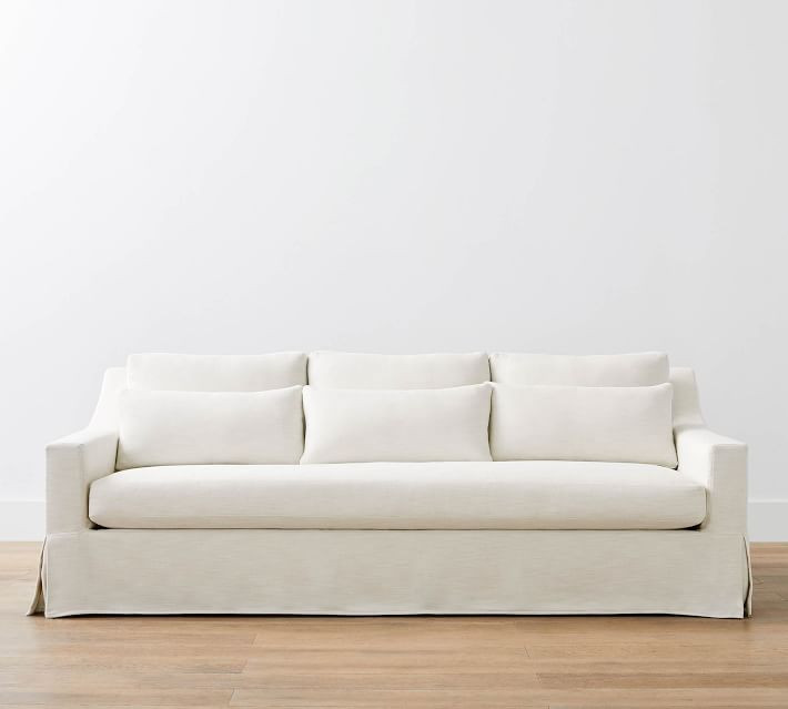 York Slope Arm Slipcovered Deep Seat Grand Sofa 95" 3-Seater, Down Blend Wrapped Cushions, Performance Textured Weave Olive | Pottery Barn (US)