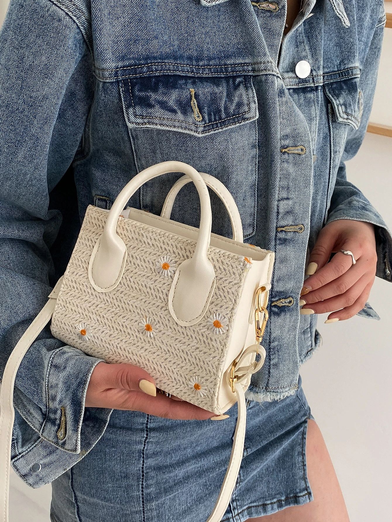 Daisy Embroidered Woven Satchel Bag | SHEIN
