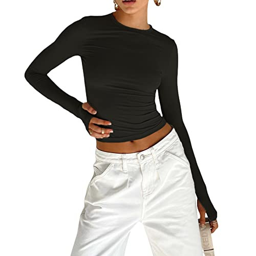 Long Sleeve Finger Hole Shirt Women Workout Y2k Skinny Long Sleeve Crop Tops Slim Fitted Basic Tee Pullovers (Black Fitting, S) | Amazon (US)