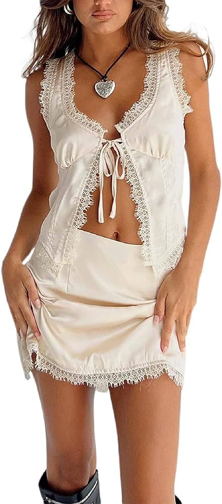 ROAONOCOMO Women Lace Trim Two Piece Outfit Sleeveless Crop Cami Top Short Mini Skirt Y2k 2 Piece... | Amazon (US)