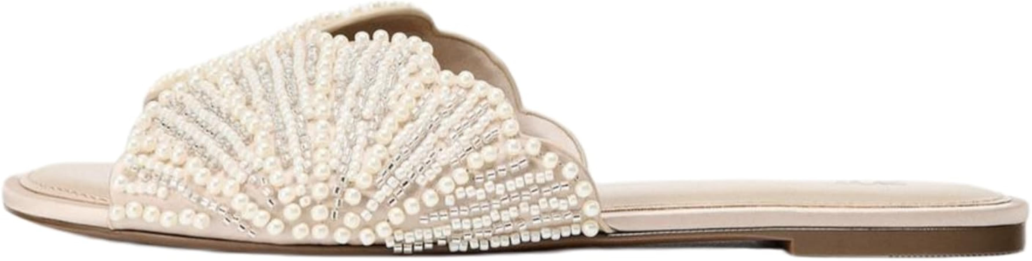 keleimusi Women's Shell Slides Open Round Toe Pearls Flat Sandals for Women Bride Wedding Summer ... | Amazon (US)