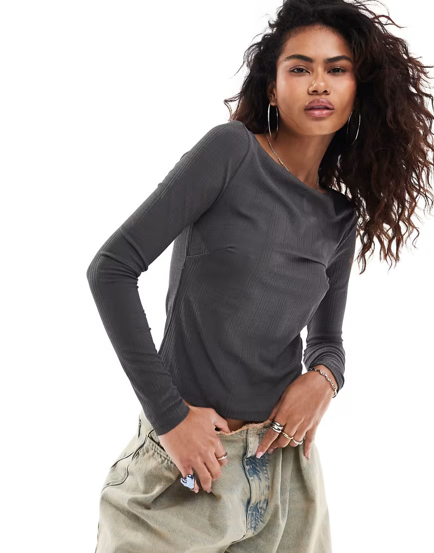 COLLUSION ribbed slash neck long sleeve top in gray | ASOS (Global)