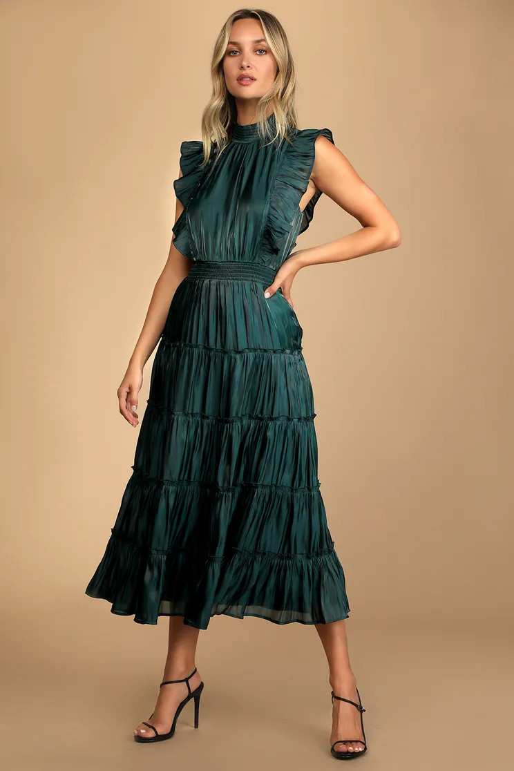 Take a Glance Emerald Green Tiered Mock Neck Midi Dress | Lulus (US)