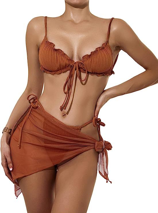 SheIn Women's 3 Piece Lettuce Trim Thong Bikini Set Swimsuit and Cover Up Beach Skirt | Amazon (US)