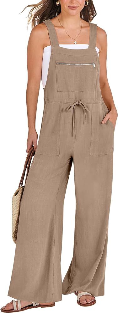 ANRABESS Womens Jumpsuits Overalls Wide Leg Casual Summer Outfits Loose Sleeveless Straps Linen B... | Amazon (US)