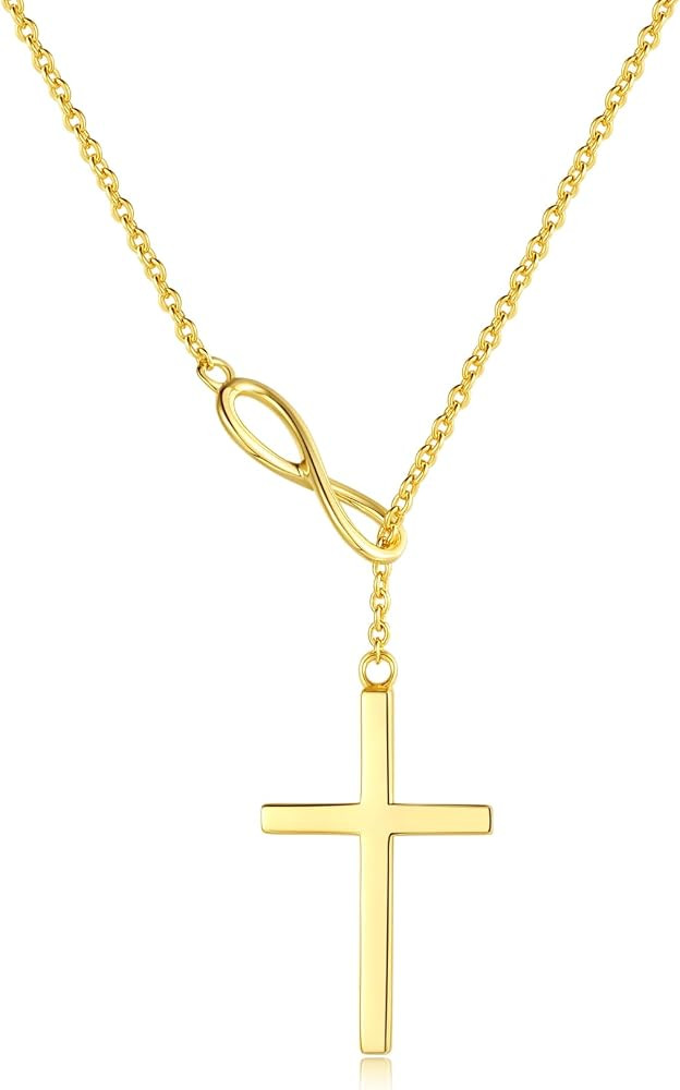 FANCIME White Gold Plated 925 Sterling Silver High Polished Infinity Cross Pendant Lariat Necklac... | Amazon (US)