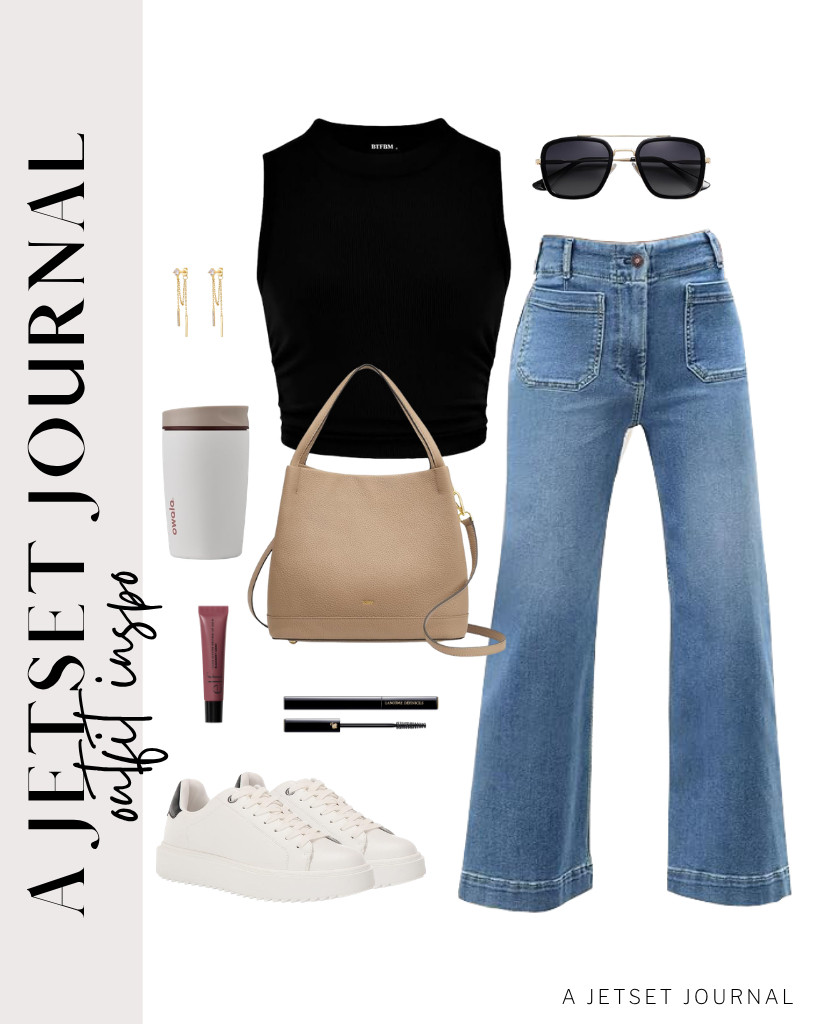 Our last outfit idea is a black tank top worn with wide-leg jeans and Steve Madden Charlie sneakers. It looks good with a leather bucket bag and PAVOI drop-dangle chain earrings. For your makeup, you can add this Lancôme mascara and lip balm from e.l.f.


#LTKSeasonal #LTKSaleAlert #LTKTravel 

 