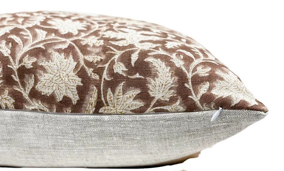 Designer Floral Umber Mustard on Natural Linen Pillow Cover - Etsy | Etsy (US)