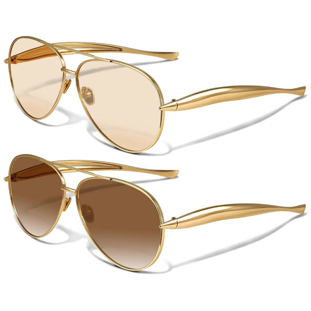 YDAOWKN Retro Gold Aviator Sunglasses for Women Men, Metal Oversized 70s Aviators Sun Glasses | Amazon (US)