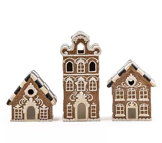 MacKenzie- Childs Set of 3 Mini LED Gingerbread Houses | QVC