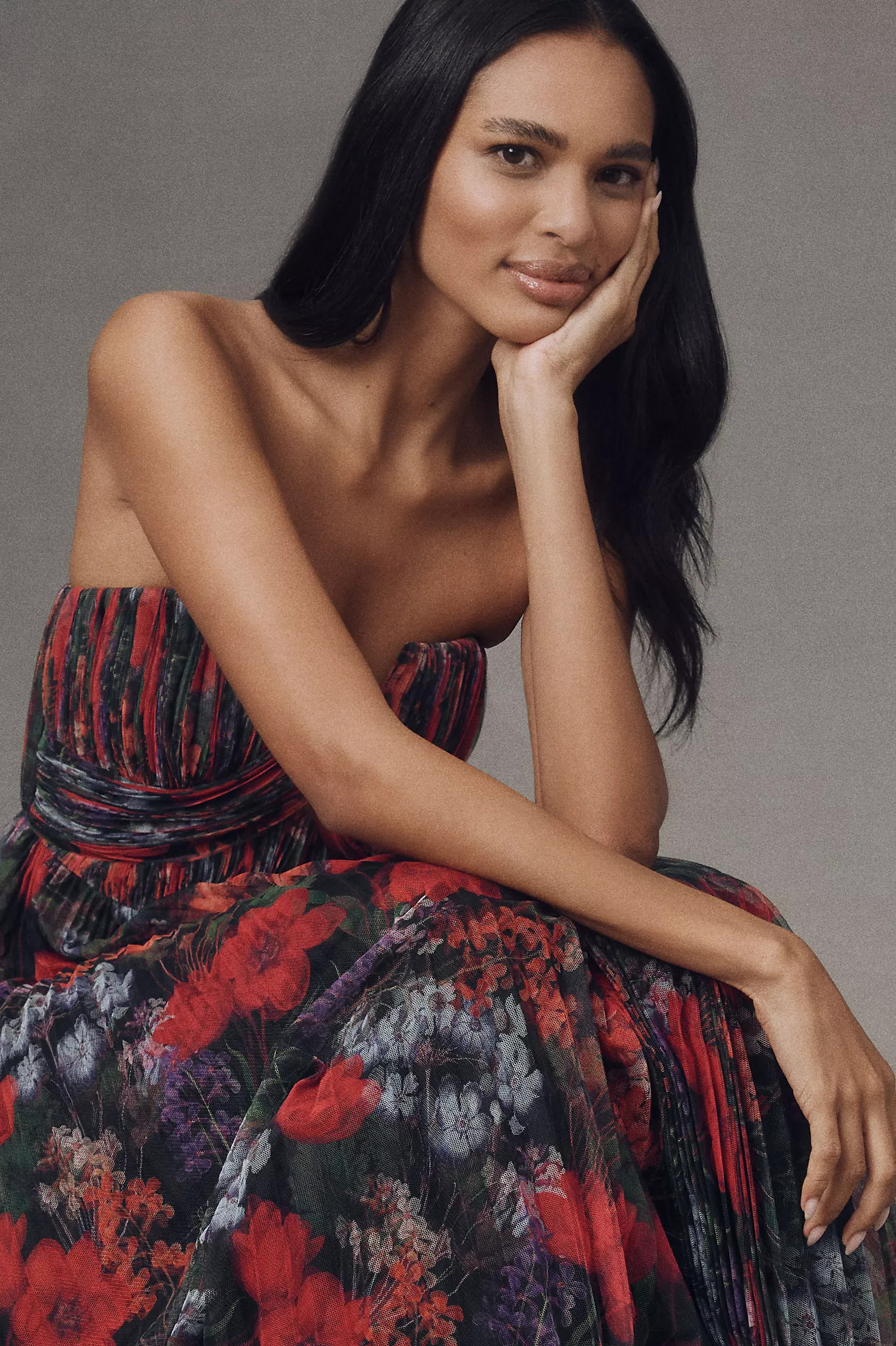 Hutch Corene Strapless Floral Tulle A-Line Midi Dress | Anthropologie (US)