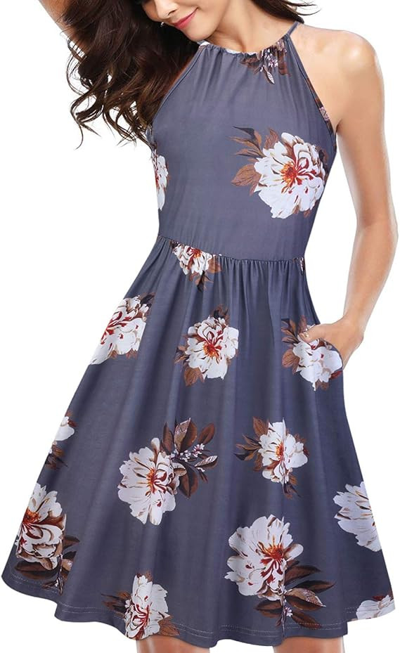 KILIG Women's Halter Neck Floral Summer Dress Casual Sundress with Pockets | Amazon (US)