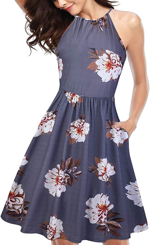 KILIG Women's Halter Neck Floral Summer Dress Casual Sundress with Pockets | Amazon (US)