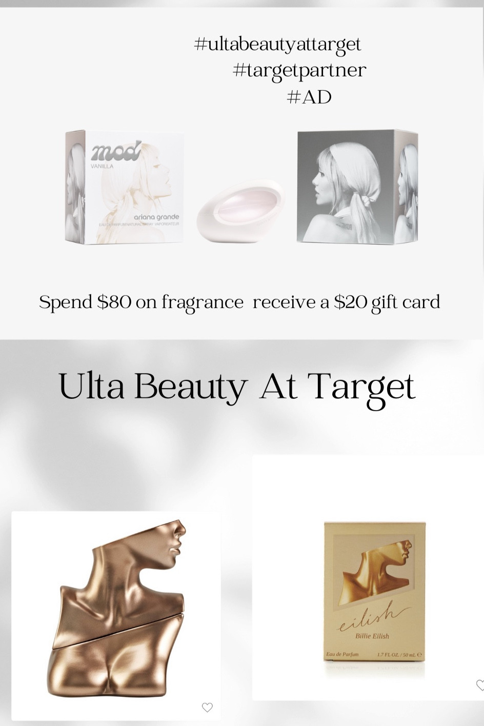 #targetpartner #ultabeautyattarget #ultabeauty 

Shop These Perfumes, Spend $80 on fragrance receive a $20 target gift cardd

#LTKGiftGuide #LTKHoliday #LTKU