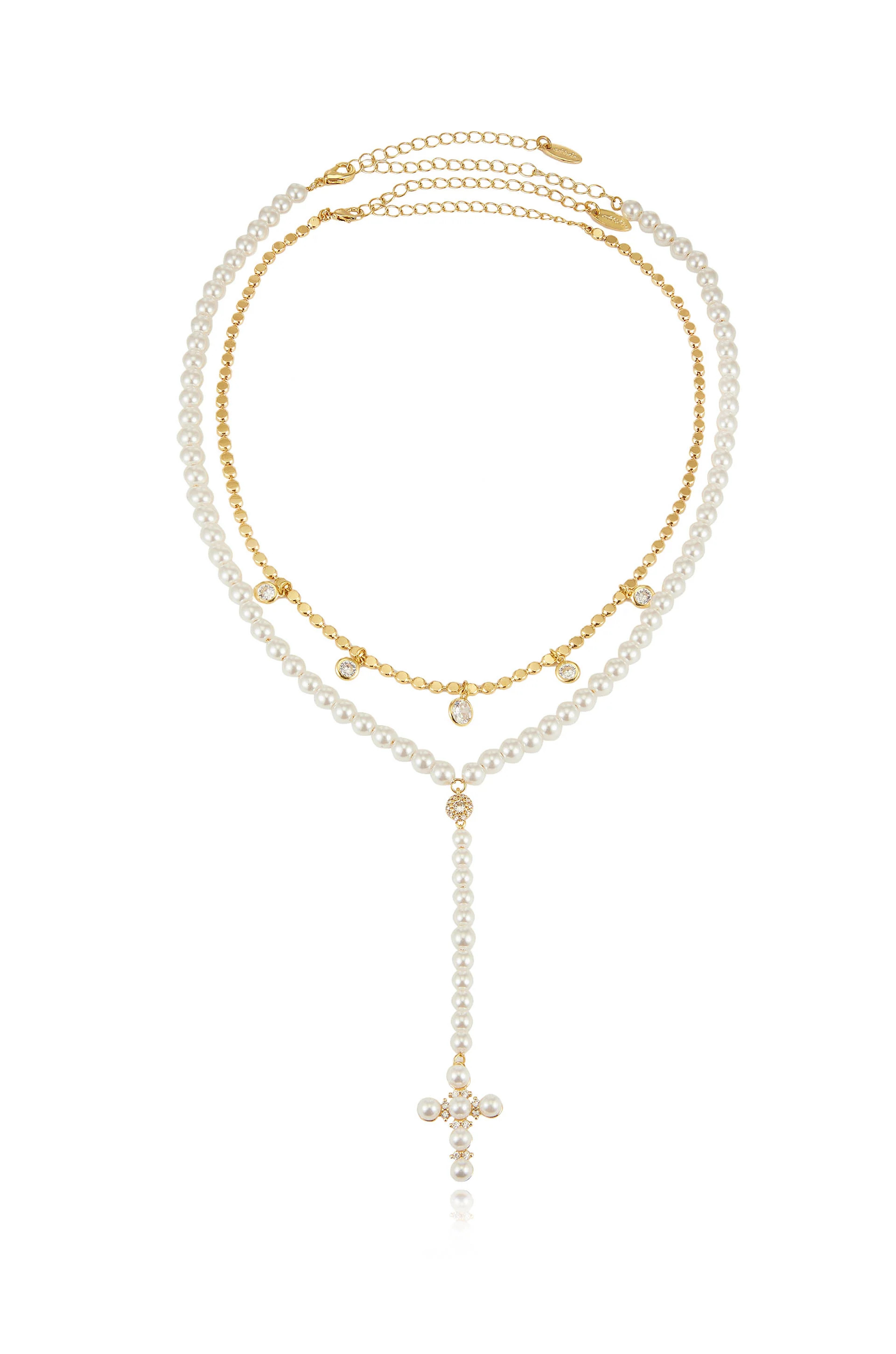 Pearl Cross Drop Lariat Necklace Set | Ettika
