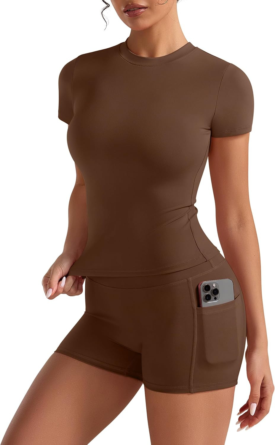 Relety Womens 2 Piece Workout Sets Short Sleeve T-Shirt Scrunch Butt Shorts | Amazon (US)