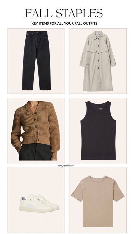 Fall staples, key items for all your fall outfits, capsule wardrobe must haves, everlane sale, basics on sale, college outfits, teacher outfits, camel knit sweater on sale, grey trench coat, black tank top, nude tshirt, black jeans
