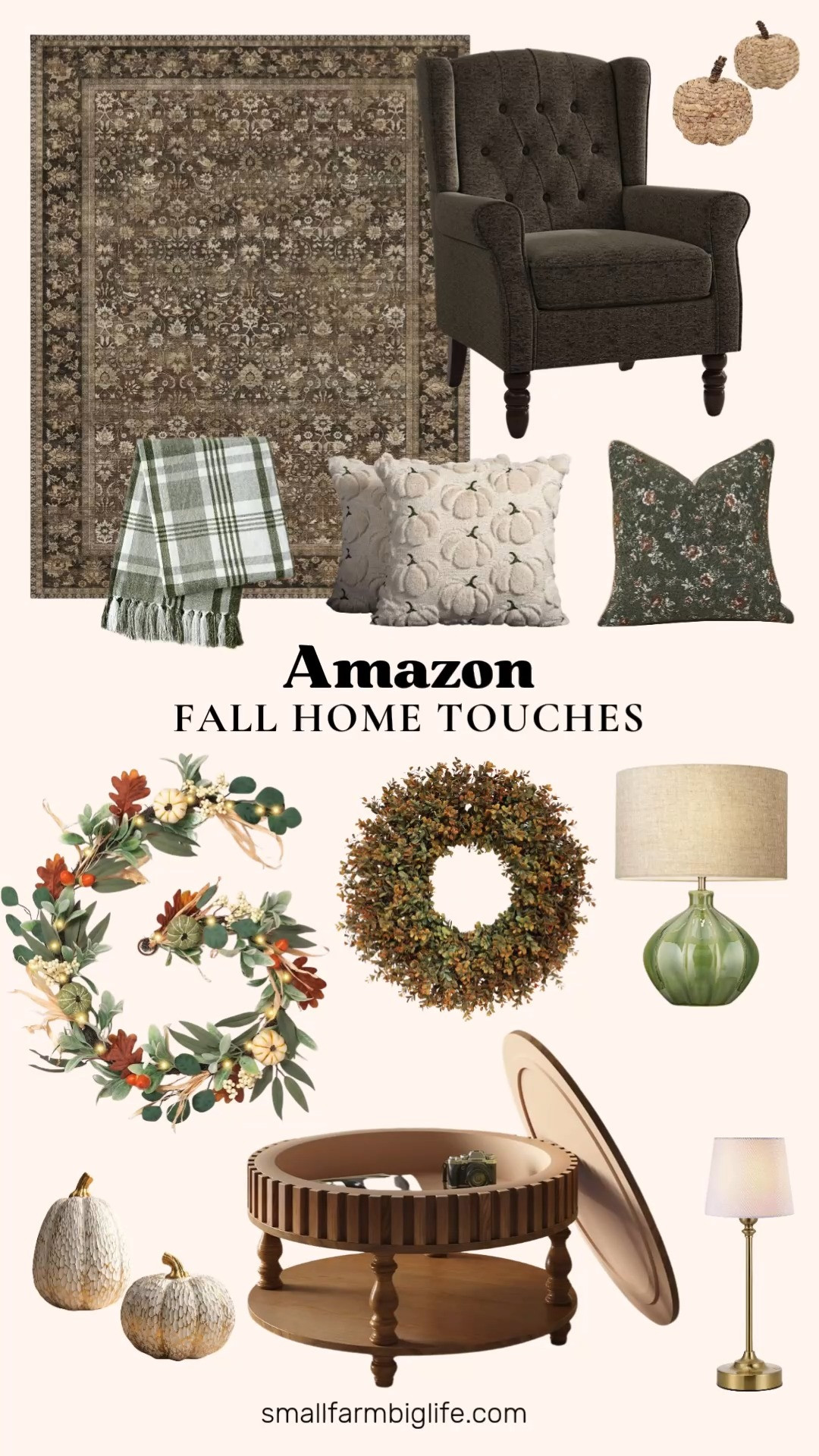 Fall Home Touches

This set of fall touches leans into a softer, more modern autumn palette. The white and gold resin pumpkins are a great option if you want something polished for a kitchen counter or mantel, while the olive green and cream vintage floral pillow cover and the green plaid chenille throw blanket bring in a more traditional farmhouse feel.

For an easy centerpiece, the fall garland with lambs ear leaves and pumpkins works beautifully strung across a mantel or laid down a table, and the woven wicker pumpkins in natural beige are perfect for adding texture to a console table or porch. The beige faux fur pumpkin pillow covers are an easy seasonal swap if you already have neutral pillows year round.

If you are looking to update bigger pieces for fall, the brown vintage floral area rug and the taupe wingback accent chair both bring warmth into a living room without feeling overly seasonal. A cordless gold table lamp is great for ambient lighting anywhere in the house, and the antique brown flip top coffee table with hidden storage is as practical as it is pretty. Finish it off with a full boxwood wreath on the front door for an easy autumn welcome.

#falldecor #cozyhome #farmhousedecor #autumnhome #homedecorfinds 

 #LTKSeasonal #LTKHome