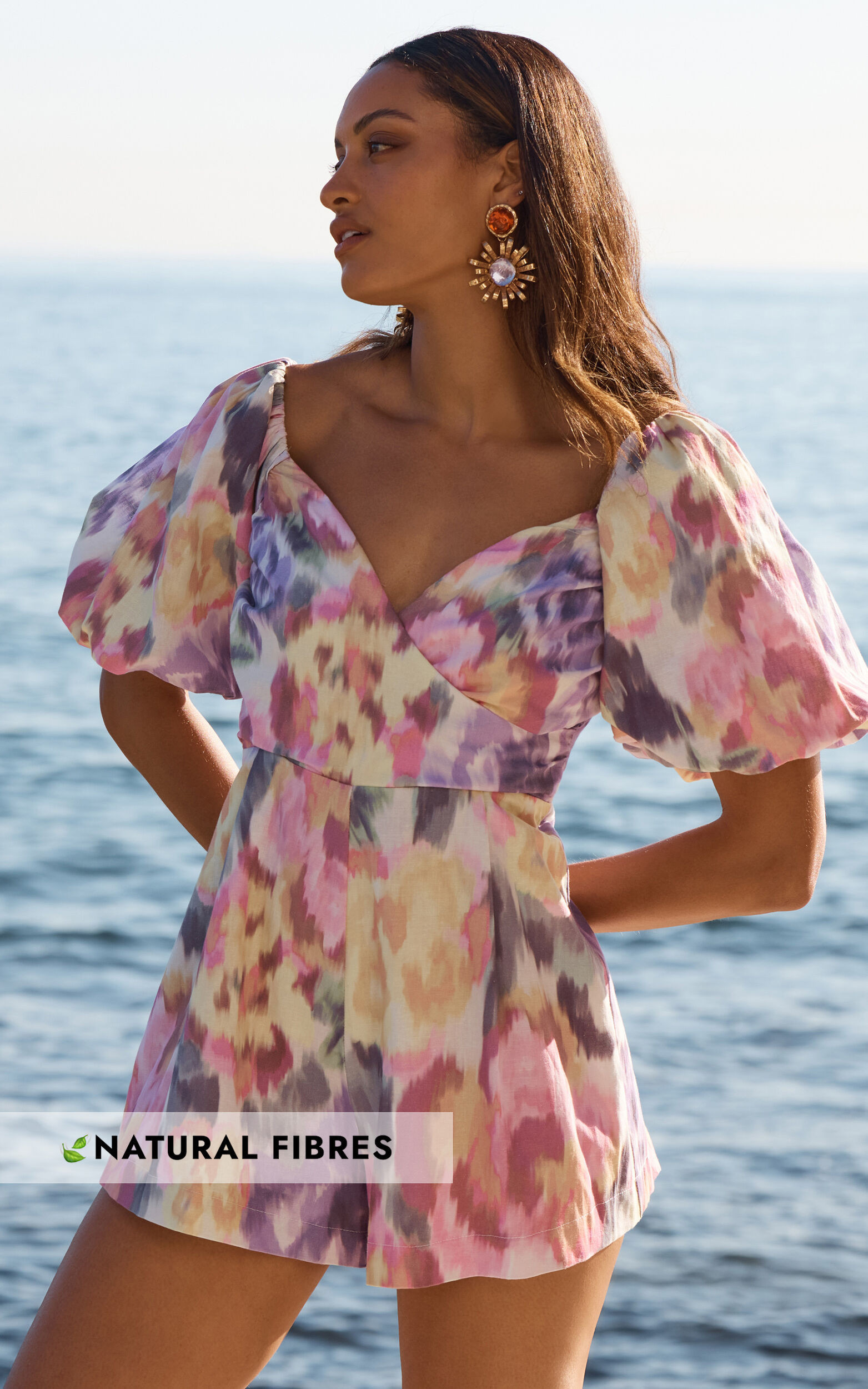 AMALIE THE LABEL - PALAIS LINEN BLEND OFF SHOULDER PUFF SLEEVE SWEETHEART NECK PLAYSUIT IN MONTREUIL PRINT | Showpo (US, UK & Europe)