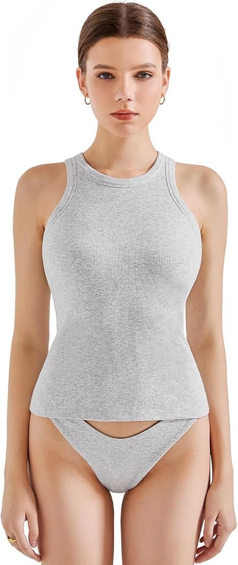 SUUKSESS Women Padded Cotton Ribbed Tank Tops 2025 High Neck Racerback Basic Tops | Amazon (US)